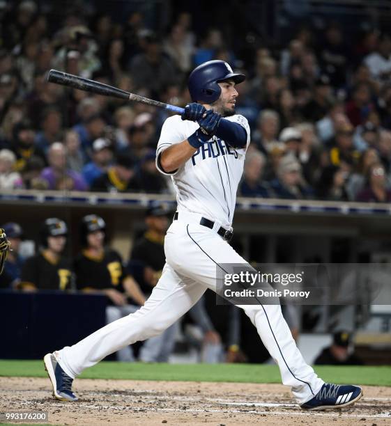 Eric Hosmer of the San Diego Padres at bat during a baseball game against the Pittsburgh Pirates at PETCO Park on June 30, 2018 in San Diego,...