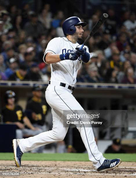 Eric Hosmer of the San Diego Padres at bat during a baseball game against the Pittsburgh Pirates at PETCO Park on June 30, 2018 in San Diego,...