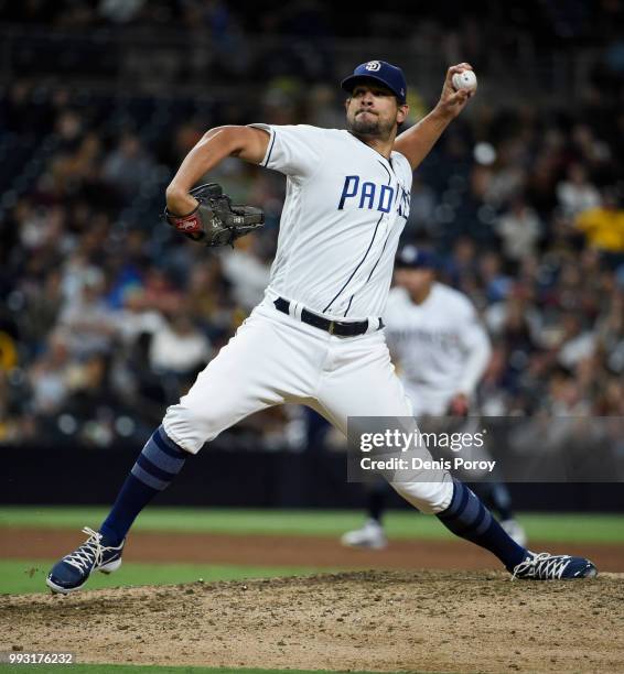 Brad Hand of the San Diego Padres plays during a baseball game against the Pittsburgh Pirates at PETCO Park on June 30, 2018 in San Diego, California.