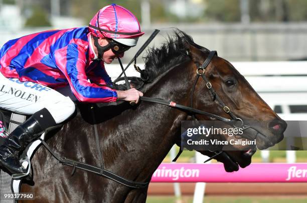 Luke Nolen riding Good 'N' Fast defeating Craig Williams riding Scottish Rogue in Race 5, Taj Rossi Series Final during Melbourne Racing at...