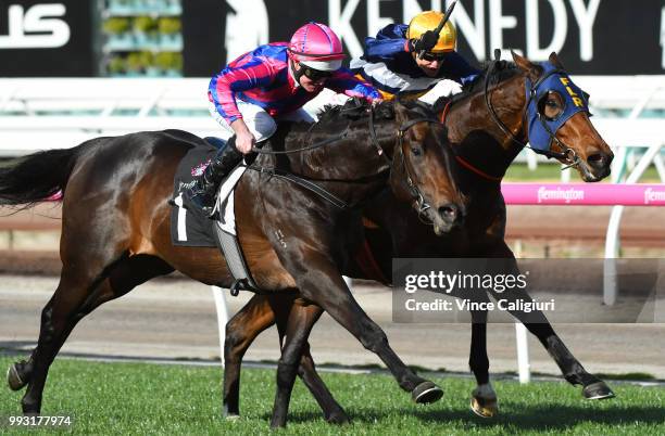 Luke Nolen riding Good 'N' Fast defeating Craig Williams riding Scottish Rogue in Race 5, Taj Rossi Series Final during Melbourne Racing at...