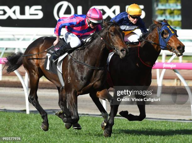 Luke Nolen riding Good 'N' Fast defeating Craig Williams riding Scottish Rogue in Race 5, Taj Rossi Series Final during Melbourne Racing at...