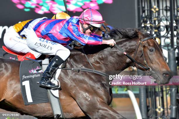 Good 'n' Fast ridden by Luke Nolen wins the Taj Rossi Series Final at Flemington Racecourse on July 07, 2018 in Flemington, Australia.