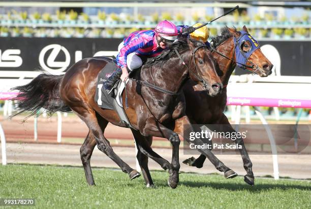 Good 'n' Fast ridden by Luke Nolen wins the Taj Rossi Series Final at Flemington Racecourse on July 07, 2018 in Flemington, Australia.