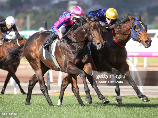 Good 'n' Fast ridden by Luke Nolen wins the Taj Rossi Series Final at Flemington Racecourse on July 07, 2018 in Flemington, Australia.