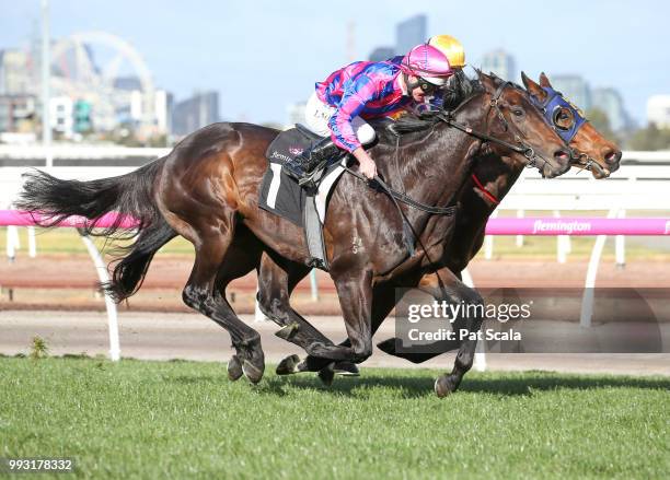 Good 'n' Fast ridden by Luke Nolen wins the Taj Rossi Series Final at Flemington Racecourse on July 07, 2018 in Flemington, Australia.