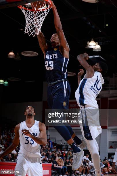 Emanuel Terry of the Denver Nuggets dunks the ball against the Minnesota Timberwolves during the 2018 Las Vegas Summer League on July 6, 2018 at the...