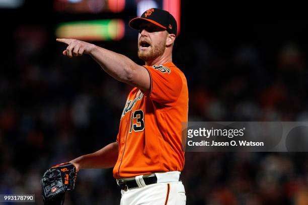 Will Smith of the San Francisco Giants celebrates after the game against the St. Louis Cardinals at AT&T Park on July 6, 2018 in San Francisco,...
