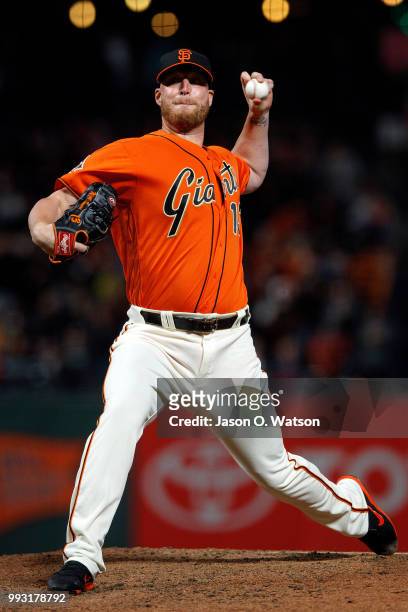 Will Smith of the San Francisco Giants pitches against the St. Louis Cardinals during the ninth inning at AT&T Park on July 6, 2018 in San Francisco,...