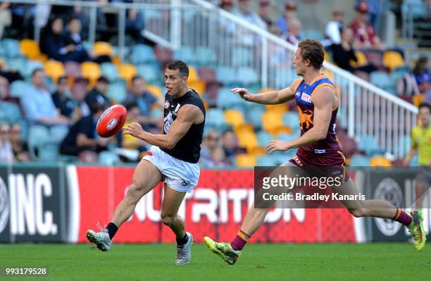 Ed Curnow of Carlton in action during the round 16 AFL match between the Brisbane Lions and the Carlton Blues at The Gabba on July 7, 2018 in...