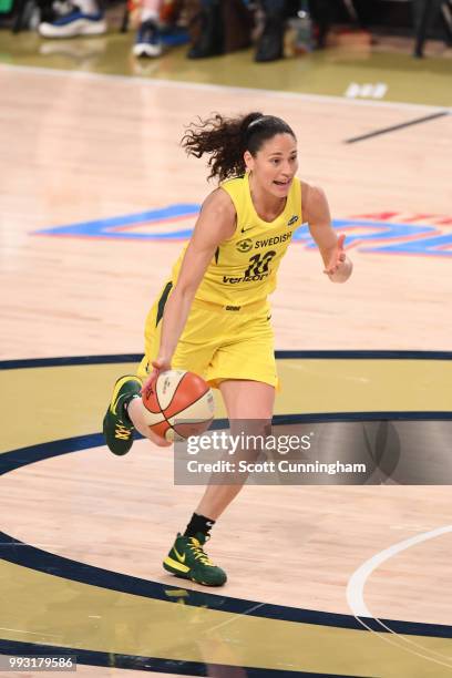 Sue Bird of the Seattle Storm handles the ball against the Atlanta Dream on July 6, 2018 at Hank McCamish Pavilion in Atlanta, Georgia. NOTE TO USER:...