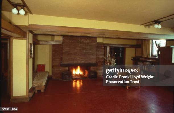 Living room of the first-floor Studio apartment converted from drafting room with furnishings in place, at the Frank Lloyd Wright Home and Studio,...