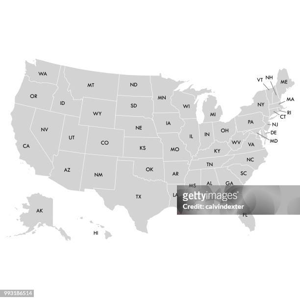 ilustraciones, imágenes clip art, dibujos animados e iconos de stock de mapa de estados unidos con estados corto - mapa