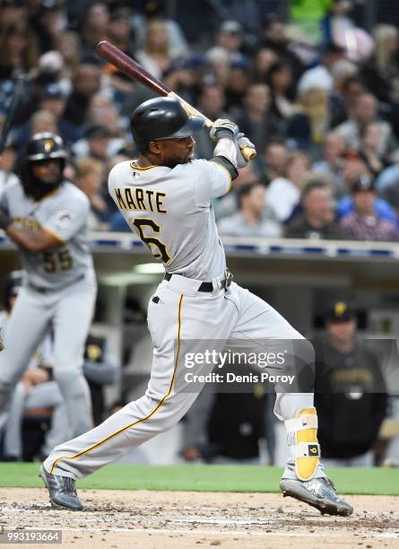 Starling Marte of the Pittsburgh Pirates plays during a baseball game against the San Diego Padres at PETCO Park on June 29, 2018 in San Diego,...