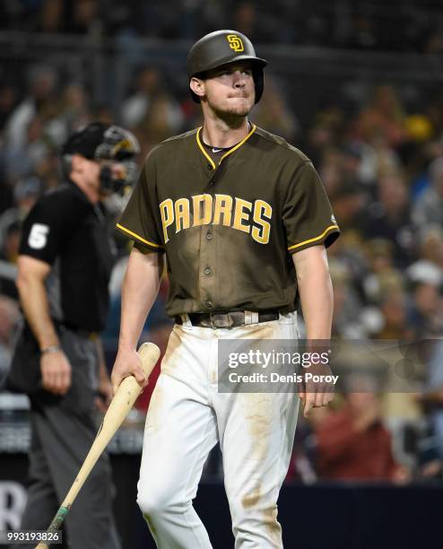 Wil Myers of the San Diego Padres plays during a baseball game against the Pittsburgh Pirates at PETCO Park on June 29, 2018 in San Diego, California.