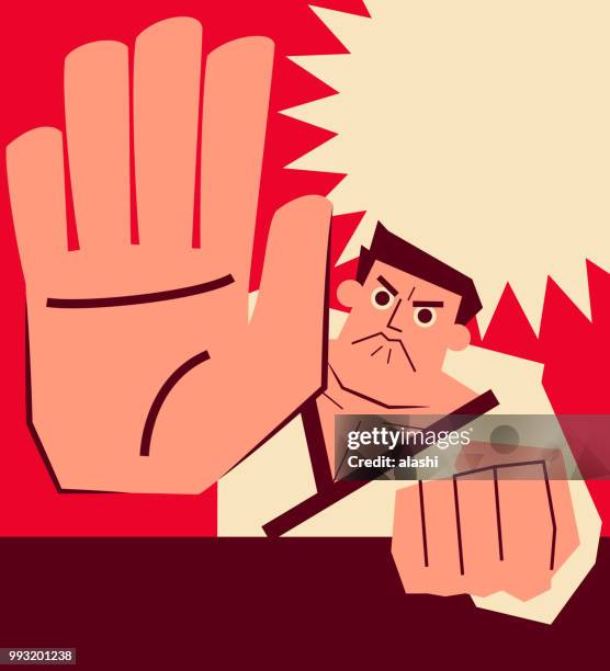 retro karate coach punching with big palm of hand (showing stop gesture with five fingers) - penetrating stock illustrations