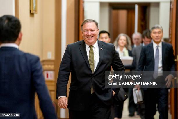 Secretary of State Mike Pompeo , accompanied by US Ambassador to the Philippines Sung Kim arrives for a lunch with Kim Yong Chol, a North Korean...