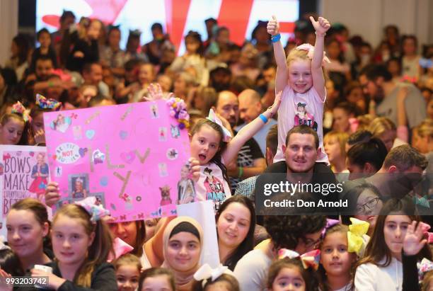 Fans can be seen prior to JoJo Siwa peforming live for fans at Westfield Parramatta on July 7, 2018 in Sydney, Australia.