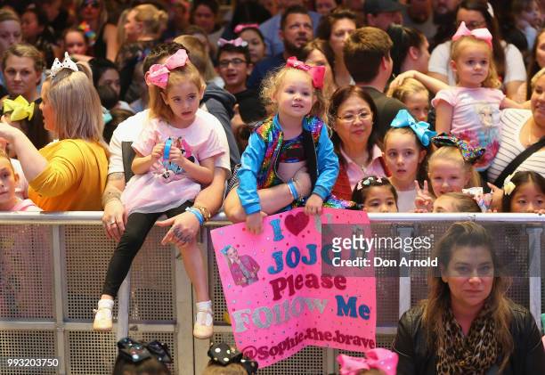 Fans can be seen prior to JoJo Siwa peforming live for fans at Westfield Parramatta on July 7, 2018 in Sydney, Australia.