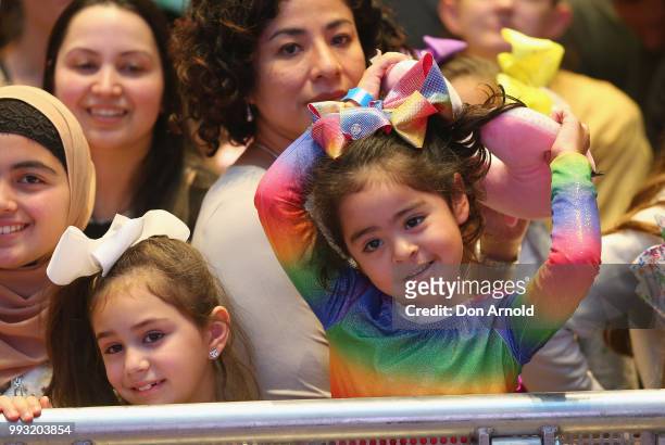 Fans can be seen prior to JoJo Siwa peforming live for fans at Westfield Parramatta on July 7, 2018 in Sydney, Australia.