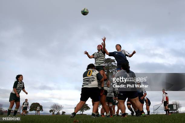 College Rifles and Manurewa contest the ball in the lineout during the women's Rugby match between Manurewa and College Rifles at Mountford Park on...
