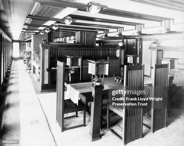 Dining room looking southwest down south hall with original table in place, Chicago, Illinois, 1916.