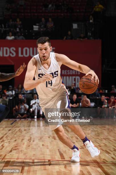 Alec Peters of the Phoenix Suns handles the ball against the Dallas Mavericks during the 2018 Las Vegas Summer League on July 6, 2018 at the Thomas &...