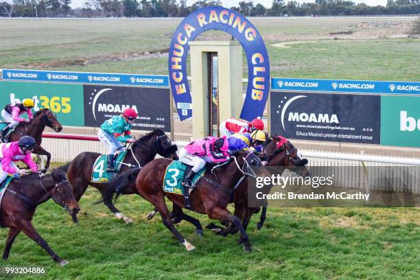 Armona ridden by Linda Meech wins the BET365 0 - 58 Handicap at Echuca Racecourse on July 07, 2018 in Echuca, Australia.