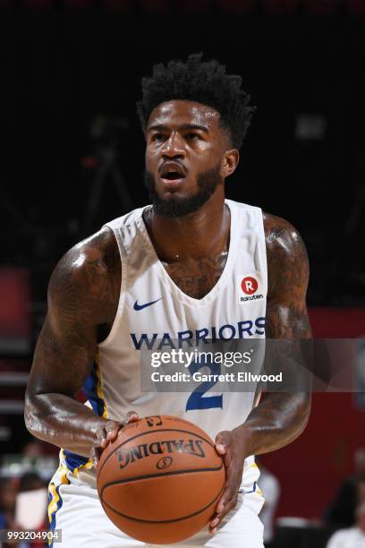 Jordan Bell of the Golden State Warriors handles the ball against the LA Clippers during the 2018 Las Vegas Summer League on July 6, 2018 at the...