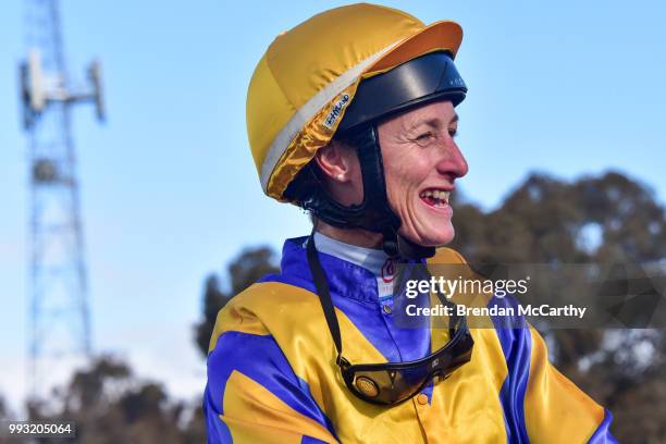 Linda Meech after winning the BET365 0 - 58 Handicap at Echuca Racecourse on July 07, 2018 in Echuca, Australia.