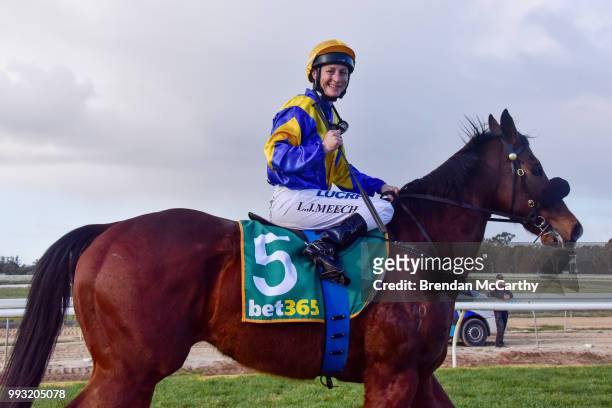 Armona ridden by Linda Meech returns to the mounting yard after winning the BET365 0 - 58 Handicap at Echuca Racecourse on July 07, 2018 in Echuca,...