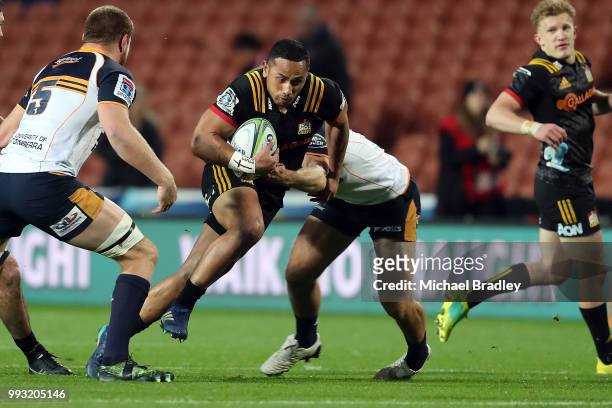 Chiefs Toni Pulu runs the ball forward during the round 18 Super Rugby match between the Chiefs and the Brumbies at FMG Stadium Waikato on July 7,...