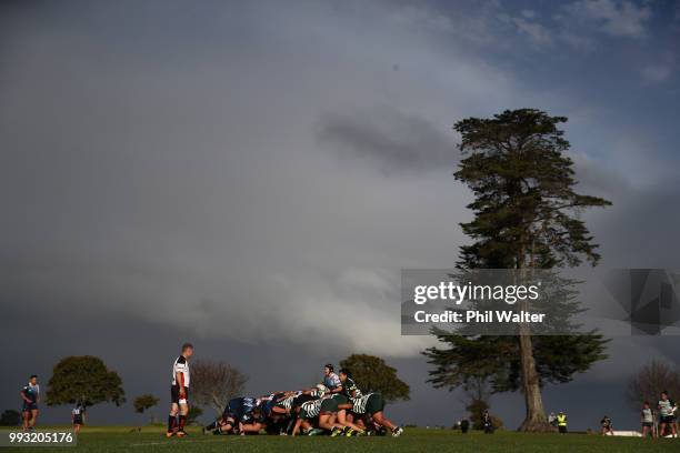 College Rifles and Manurewa pack down for a scrum during the women's Rugby match between Manurewa and College Rifles at Mountford Park on July 7,...