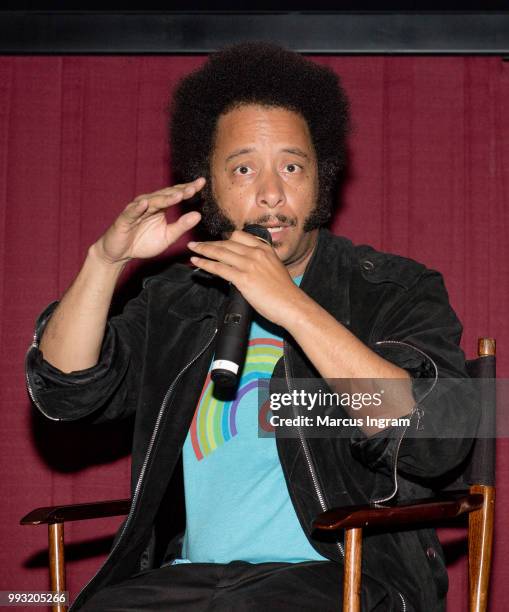 Director Boots Riley speaks onstage during the special opening weekend Q&A at Regal Atlantic Station on July 6, 2018 in Atlanta, Georgia.