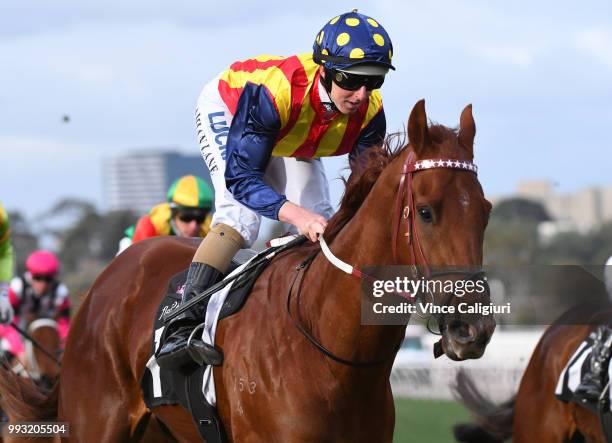 Damian Lane riding Nature Strip wins Race 7, A.R Creswick Series Final during Melbourne Racing at Flemington Racecourse on July 7, 2018 in Melbourne,...