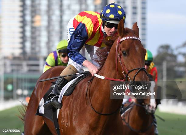 Damian Lane riding Nature Strip wins Race 7, A.R Creswick Series Final during Melbourne Racing at Flemington Racecourse on July 7, 2018 in Melbourne,...