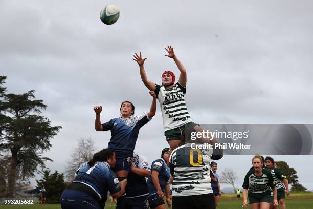 Georgina Lidgard of Manurewa and Mei Nam Chow of College Rifles contest the ball in the lineout during the women's Rugby match between Manurewa and...