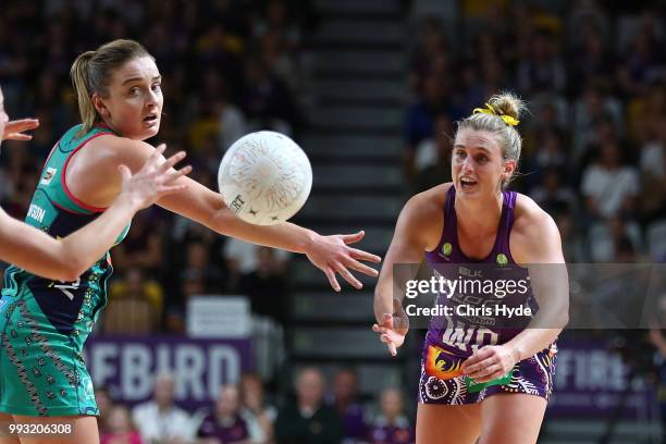 Gabi Simpson of the Firebirds passes during the round 10 Super Netball match between the Firebirds and the Vixens at Gold Coast Sports and Leisure...