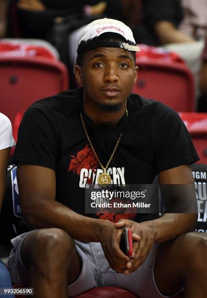 Donovan Mitchell of the Utah Jazz attends a 2018 NBA Summer League game between the Los Angeles Clippers and the Golden State Warriors at the Thomas...