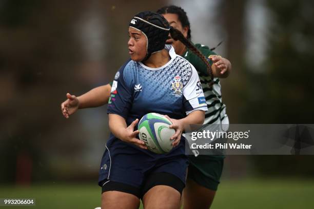 Ruahei Demant of College Rifles in action during the women's Rugby match between Manurewa and College Rifles at Mountford Park on July 7, 2018 in...