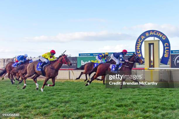 Zoot Suit Riot ridden by John Keating wins the 1PRINT 0 - 58 Handicap at Echuca Racecourse on July 07, 2018 in Echuca, Australia.