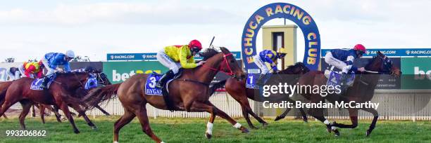 Zoot Suit Riot ridden by John Keating wins the 1PRINT 0 - 58 Handicap at Echuca Racecourse on July 07, 2018 in Echuca, Australia.