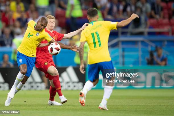 Marcelo of Brazil in action during the 2018 FIFA World Cup Russia Quarter Final match between Brazil and Belgium at Kazan Arena on July 6, 2018 in...