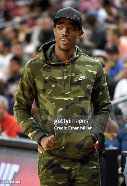 DeMar DeRozan of the Toronto Raptors attends a 2018 NBA Summer League game between the Raptors and the New Orleans Pelicans at the Thomas & Mack...