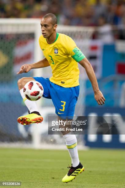 Miranda of Brazil in action during the 2018 FIFA World Cup Russia Quarter Final match between Brazil and Belgium at Kazan Arena on July 6, 2018 in...