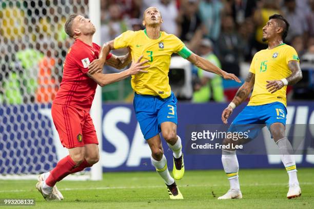 Miranda of Brazil in action during the 2018 FIFA World Cup Russia Quarter Final match between Brazil and Belgium at Kazan Arena on July 6, 2018 in...