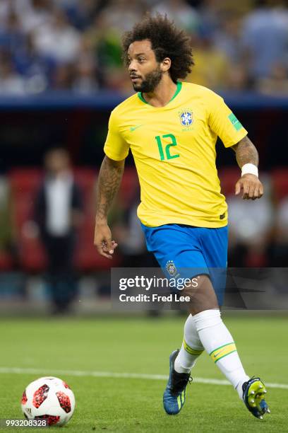 Marcelo of Brazil in action during the 2018 FIFA World Cup Russia Quarter Final match between Brazil and Belgium at Kazan Arena on July 6, 2018 in...