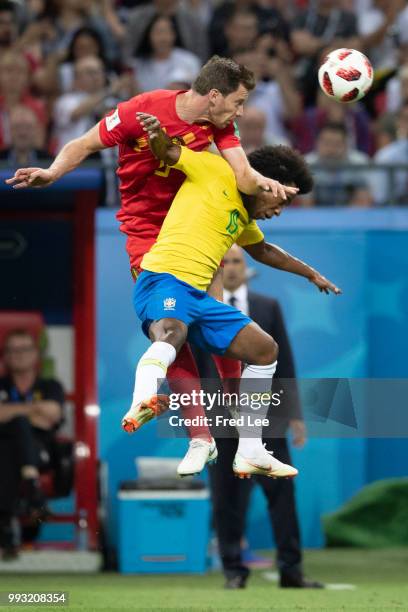 Willian of Brazil in action during the 2018 FIFA World Cup Russia Quarter Final match between Brazil and Belgium at Kazan Arena on July 6, 2018 in...