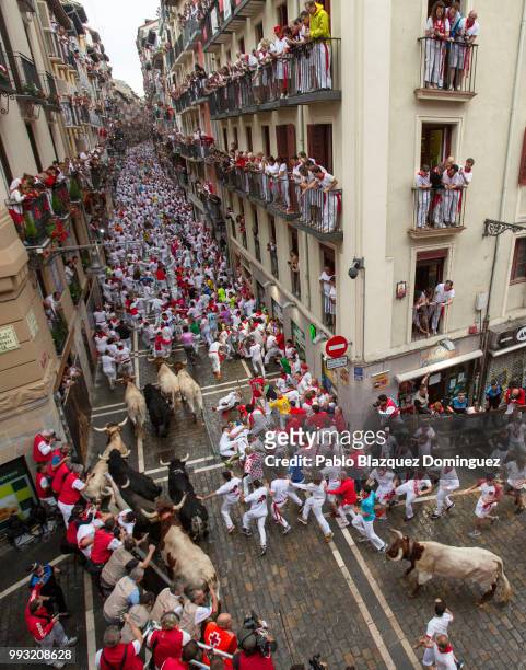 Revellers run with Puerto de San Lorenzo's fighting bulls during the second day of the San Fermin Running of the Bulls festival on July 7, 2018 in...