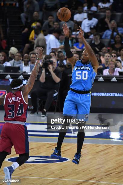 Corey Maggette of Power takes a shot against David Hawkins of Tri State during week three of the BIG3 three on three basketball league game at ORACLE...